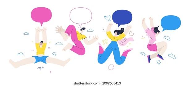 Happiness - happy young man and woman jumping in the air cheerfully. Modern flat vector concept illustration of a happy jumping and dancing person. Feeling and emotion concept.