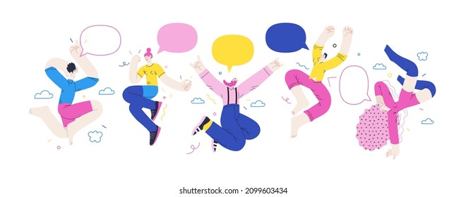 Happiness - happy young man and woman jumping in the air cheerfully. Modern flat vector concept illustration of a happy jumping and dancing person. Feeling and emotion concept.