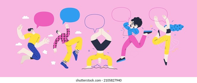 Happiness - happy young man and woman jumping in the air cheerfully. Modern flat vector concept illustration of a happy jumping and dancing person. Feeling and emotion concept.