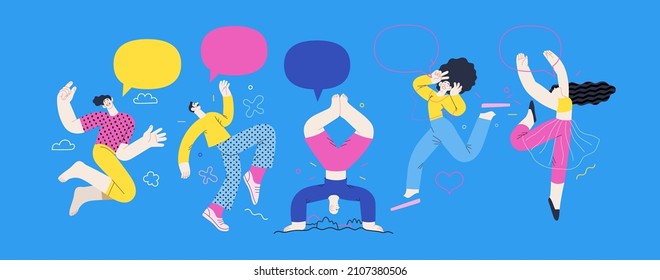 Happiness - happy young man and woman jumping in the air cheerfully. Modern flat vector concept illustration of a happy jumping and dancing person. Feeling and emotion concept.