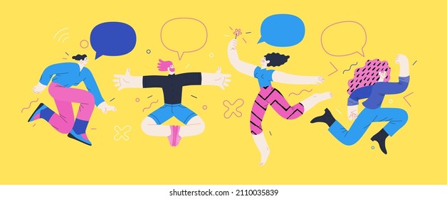 Happiness - happy young man and woman jumping in the air cheerfully. Modern flat vector concept illustration of a happy jumping and dancing person. Feeling and emotion concept.