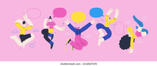 Happiness - happy young man and woman jumping in the air cheerfully. Modern flat vector concept illustration of a happy jumping and dancing person. Feeling and emotion concept.