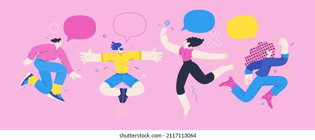 Happiness - happy young man and woman jumping in the air cheerfully. Modern flat vector concept illustration of a happy jumping and dancing person. Feeling and emotion concept.