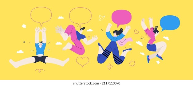 Happiness - happy young man and woman jumping in the air cheerfully. Modern flat vector concept illustration of a happy jumping and dancing person. Feeling and emotion concept.