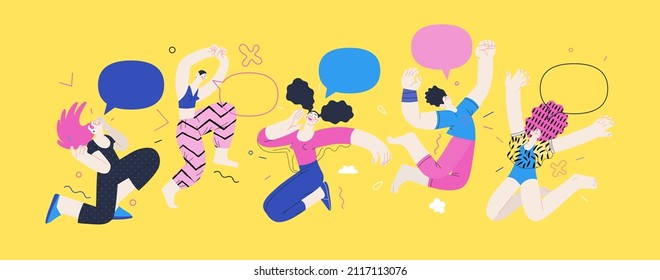 Happiness - happy young man and woman jumping in the air cheerfully. Modern flat vector concept illustration of a happy jumping and dancing person. Feeling and emotion concept.