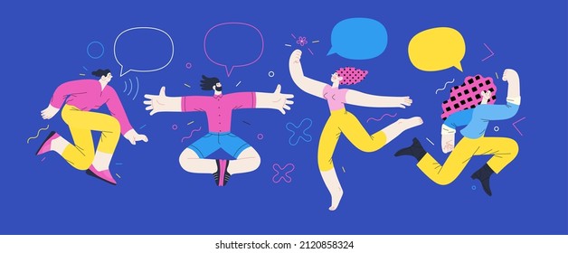 Happiness - happy young man and woman jumping in the air cheerfully. Modern flat vector concept illustration of a happy jumping and dancing person. Feeling and emotion concept.