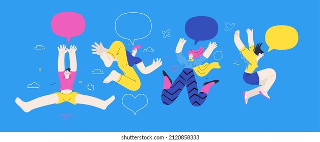 Happiness - happy young man and woman jumping in the air cheerfully. Modern flat vector concept illustration of a happy jumping and dancing person. Feeling and emotion concept.