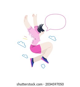 Happiness - happy young woman jumping in the air cheerfully. Modern flat vector concept illustration of a happy jumping and dancing person. Feeling and emotion concept.