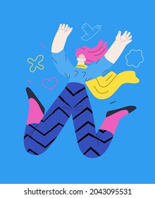 Happiness - happy young woman jumping in the air cheerfully. Modern flat vector concept illustration of a happy jumping and dancing person. Feeling and emotion concept.
