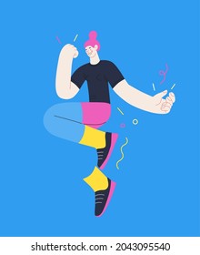 Happiness - happy young woman jumping in the air cheerfully. Modern flat vector concept illustration of a happy jumping and dancing person. Feeling and emotion concept.