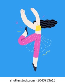 Happiness - happy young woman jumping in the air cheerfully. Modern flat vector concept illustration of a happy jumping and dancing person. Feeling and emotion concept.