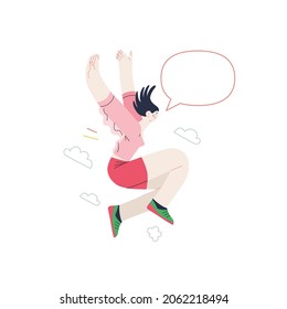 Happiness - happy young woman jumping in the air cheerfully. Modern flat vector concept illustration of a happy jumping and dancing person. Feeling and emotion concept.