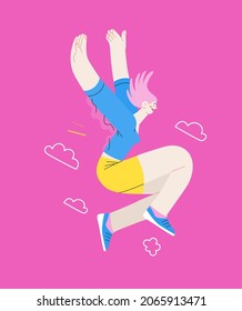 Happiness - happy young woman jumping in the air cheerfully. Modern flat vector concept illustration of a happy jumping and dancing person. Feeling and emotion concept.