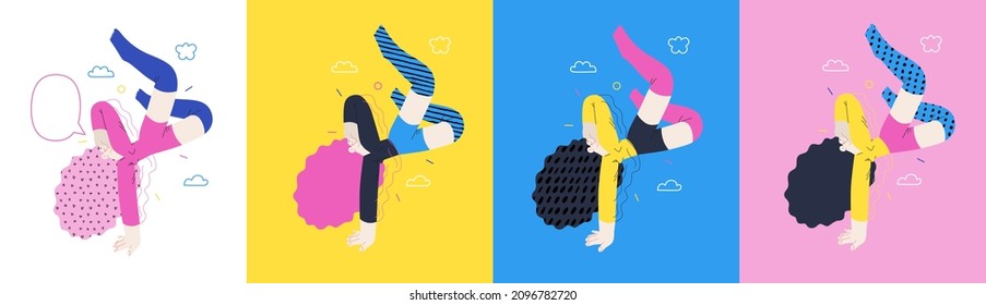 Happiness - happy young woman jumping in the air cheerfully. Modern flat vector concept illustration of a happy jumping and dancing person. Feeling and emotion concept.