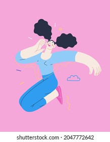 Happiness - happy young woman singing cheerfully. Modern flat vector concept illustration of a happy jumping and dancing person. Feeling and emotion concept.