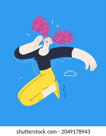 Happiness - happy young woman singing cheerfully. Modern flat vector concept illustration of a happy jumping and dancing person. Feeling and emotion concept.