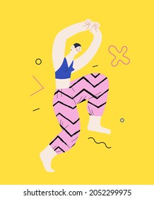 Happiness - happy young woman singing cheerfully. Modern flat vector concept illustration of a happy jumping and dancing person. Feeling and emotion concept.