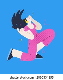 Happiness - happy young woman singing cheerfully. Modern flat vector concept illustration of a happy jumping and dancing person. Feeling and emotion concept.