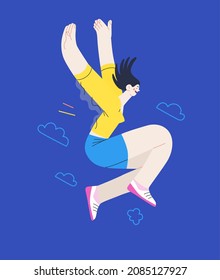 Happiness - happy young woman singing cheerfully. Modern flat vector concept illustration of a happy jumping and dancing person. Feeling and emotion concept.