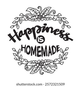 Happiness is homemade. Hand drawn lettering with floral wreath. Vector illustration.