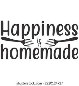 Happiness is homemade - Phrase handwritten with cursive calligraphic font or script on rolling pin. Elegant lettering and tool for food preparation, cooking. Hand drawn monochrome vector illustration.