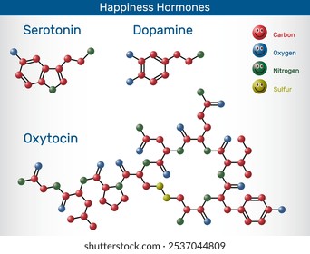 Hormônios da felicidade. Serotonina, dopamina, moléculas de ocitocina. Ilustração vetorial