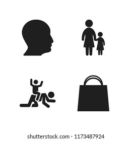 happiness icon. 4 happiness vector icons set. shopping bag, mother and son silhouettes and playing icons for web and design about happiness theme