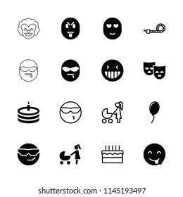 Happiness icon. collection of 16 happiness filled and outline icons such as laughing emot, cool emot in sunglasses, cake, balloon. editable happiness icons for web and mobile.