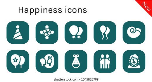 happiness icon set. 10 filled happiness icons.  Simple modern icons about  - Party hat, Hug, Balloons, Balloon, Winkle, Esteem, Hugging, Becquer