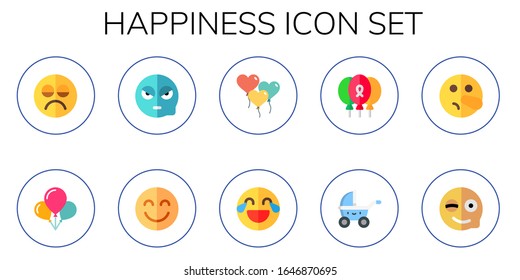 happiness icon set. 10 flat happiness icons. Included sad, balloons, angry, laughing, stroller, liar, wink icons