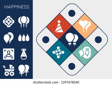  happiness icon set. 13 filled happiness icons. Simple modern icons about  - Balloons, Baby carriage, Face, Party hat, Hug, Esteem