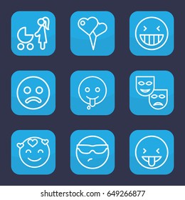 Happiness icon. set of 9 outline happiness icons such as laughing emot, cool emot in sunglasses, emoji showing tongue, sad smiley, woman with baby carriage