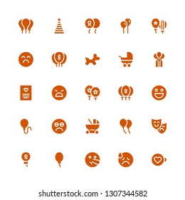 happiness icon set. Collection of 25 filled happiness icons included Expresso, Sad, Liar, Balloon, Theatre mask, Baby carriage, Emoticon, Balloons, Angry, Greeting card, Stroller