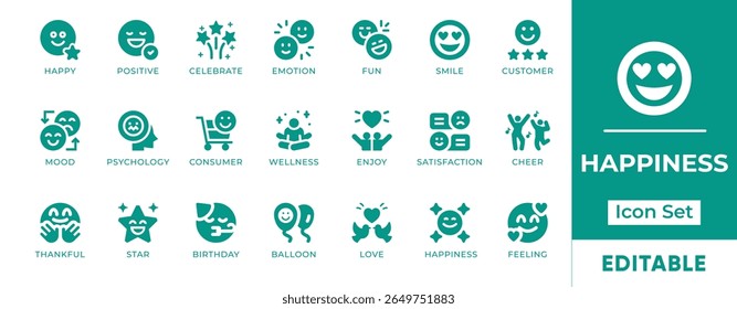 Happiness Icon Set. Features icons of joy, smiling faces, positive emotions, well-being, and celebration. Perfect for wellness, lifestyle, and mental health projects.
