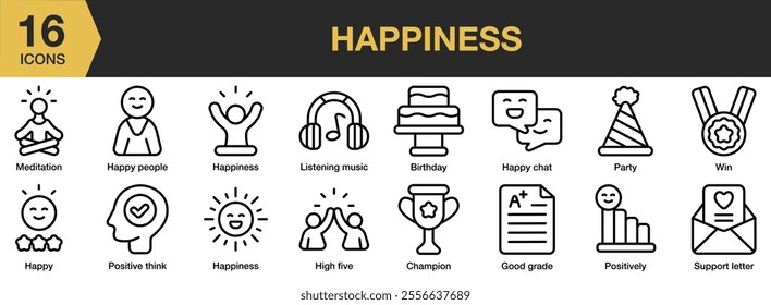 Happiness icon set. Includes music, birthday, chat, party, win, champion, good grade, and More. Outline icons vector collection.
