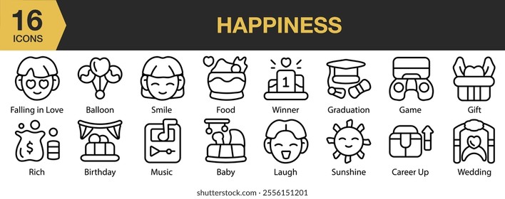 Happiness icon set. Includes smile, winner, laugh, sunshine, career up, graduation, and More. Outline icons vector collection.