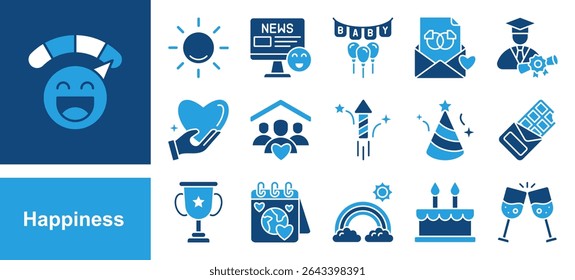 Happiness icon set with Sunshine, Good news, Family, Fireworks, Party hat, Cake, Happy.