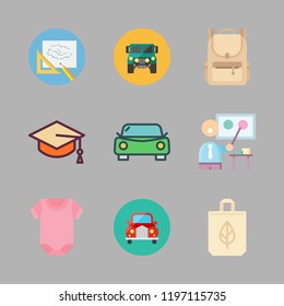 happiness icon set. vector set about drawing, people, mortarboard and backpack icons set.