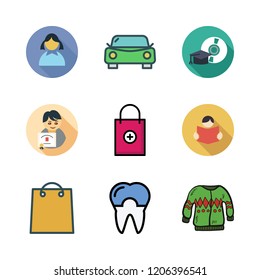 happiness icon set. vector set about shopping bag, graduate, car and tooth icons set.