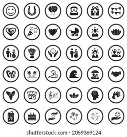 Happiness Icons. Black Flat Design In Circle. Vector Illustration.