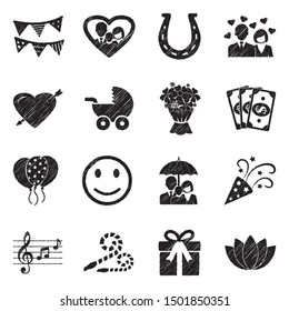 Happiness Icons. Black Scribble Design. Vector Illustration.
