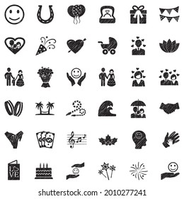 Happiness Icons. Black Scribble Design. Vector Illustration.