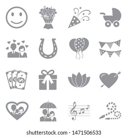 Happiness Icons. Gray Flat Design. Vector Illustration.