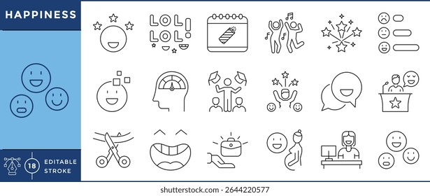 Happiness icons pack. 18 line icons. Vector editable stroke. Happy, joy, job, hired, graduate, speech, dance, laugh, enjoy.