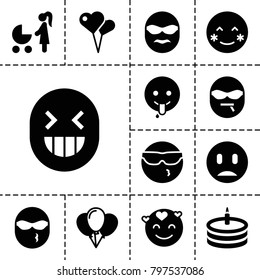 Happiness icons. set of 13 editable filled happiness icons such as blush, cool emot in sunglasses, emot in love, emoji showing tongue, balloon, woman with baby carriage