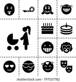 Happiness icons. set of 13 editable filled happiness icons such as laughing emot, cool emot in sunglasses, mask, woman with baby carriage, cake, party pipe