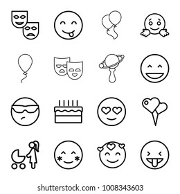 Happiness icons. set of 16 editable outline happiness icons such as laughing emot, blush, cool emot in sunglasses, mask, woman with baby carriage, heart shaped air balloon