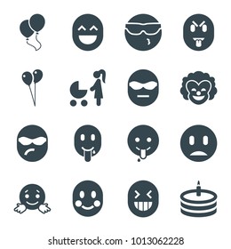 Happiness icons. set of 16 editable filled happiness icons such as balloon, cool emot in sunglasses, confused emot, emoji showing tongue, woman with baby carriage, cake