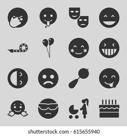 Happiness icons set. set of 16 happiness filled icons such as beanbag, balloon, laughing emot, blush, cool emot in sunglasses, emoji showing tongue, cake, party pipe, mask