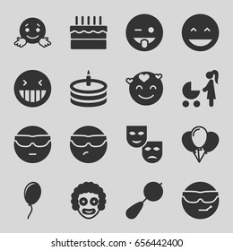 Happiness icons set. set of 16 happiness filled icons such as beanbag, laughing emot, cool emot in sunglasses, emoji showing tongue, cake, balloon, mask, clown